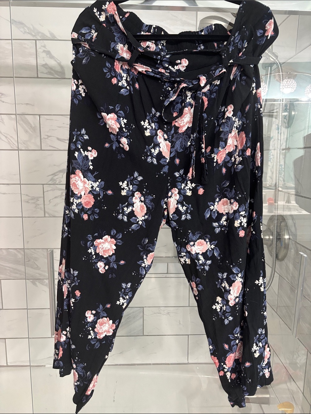 Torrid Navy Floral Drawstring Palazzo Pants - Pink & Blue Roses